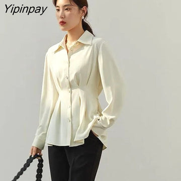 Yipinpay 2023 Spring Elegant Long Sleeve Women Shirt Korea Style Office Lady Belt Button Up Woman Blouse Work Female Top Clothing
